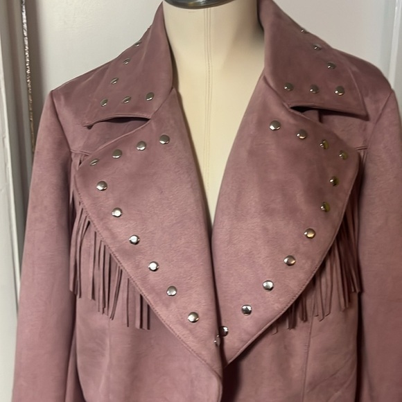 pink suede leather jacket fringes by Adore beaded button close nwt - Picture 2 of 12